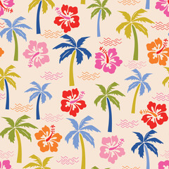 Colorful hibiscus flower palm tree and wave seamless pattern