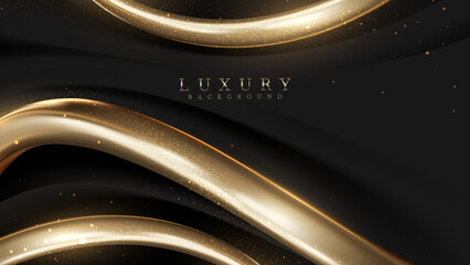 Luxury black abstract background with realistic 3d gold line decoration and sparkling light elements.