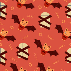 Seamless pattern for Halloween holiday with cute cartoon bat and boarded-up window.