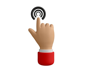 3D hand pointing and touching in red shirt. Cartoon character hand pointing gesture. Touch or click icon. Show one finger, index finger. Indicating, showing something above.