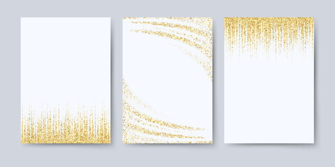 Banners with gold glitter confetti on a white background. Design templates for flyers, invitations, vouchers, certificates, covers, postcards.