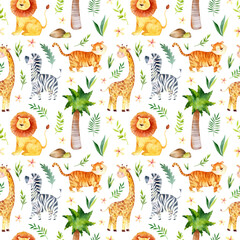 Watercolor jungle seamless pattern. Safari background, jungle baby animal illustration. Lion, tiger, zebra, giraffe, wild animal graphic collection. Exotic birds and flowers