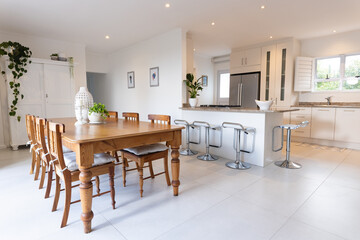 The interior of a beautiful large modern kitchen with a dining area