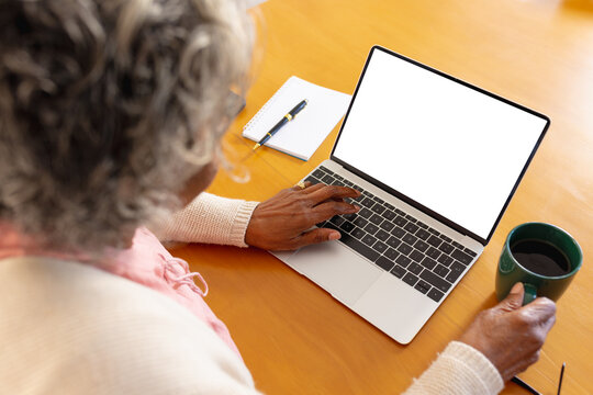 Senior african american woman using laptop with copy space