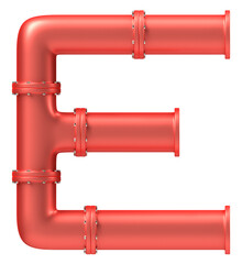 Letter E made of tubes painted red car paint with steel bolts and nuts, 3d rendering