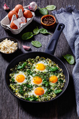 green shakshuka in frying pan, top view