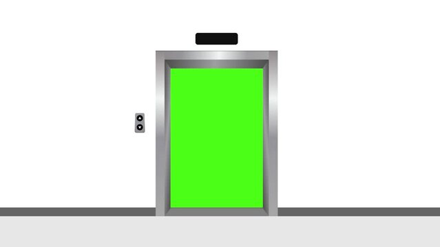 Animation of elevated opening and closing the door revealing 4k green screen background. Elevator opening and closing the door. Video with chroma key background