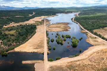 Aerial drone view of the Castrovido reservoir, Burgos, Spain.