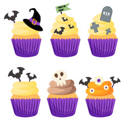 Pile of Halloween cupcakes illustration set vector. Different types of cupcakes illustration set. Halloween cupcakes collection vector. A group of cupcakes isolated on a white background