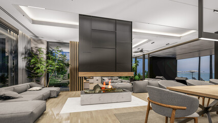 3d rendering of modern cozy interior with living,dining zone stair and kitchen for sale or rent with wood plank by the sea or ocean. Spacious apartments with expensive furniture,equipment and flowers