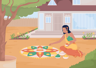 Making rangoli pattern before front door flat color vector illustration. Diwali girl in saree. Traditional Deepawali custom. Fully editable 2D simple cartoon character with cottage on background