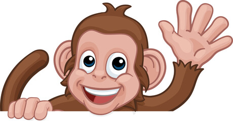 Obraz premium Monkey Cartoon Animal Behind Sign Waving