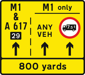 Lane restrictions at road works ahead, The Highway Code Traffic Sign, Signs giving orders, Signs with red circles are mostly prohibitive. Plates below signs qualify their message.