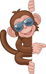 Monkey Sunglasses Cartoon Animal Pointing At Sign