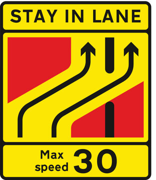 One lane crossover at contraflow road works, The Highway Code Traffic Sign, Signs giving orders, Signs with red circles are mostly prohibitive. Plates below signs qualify their message.