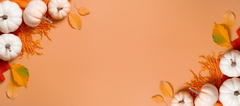 Autumn banner flat lay composition with pumpkins and fallen leaves and sweater with space for text.