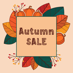 autumn colorful background, post, card autumn sale, with leaves and pumpkins