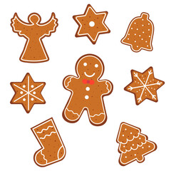 Fototapeta na wymiar Set of gingerbread cookies man, Christmas tree, star, sock, angel. Vector illustration