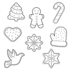 Set of outline gingerbread cookies man, Christmas tree, star, sock, angel. Vector illustration