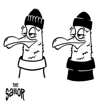 Doodle seagull with sailor head vintage cartoon illustration.