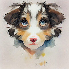 Australian Shepherd. Adorable puppy dog. Watercolor illustration with color spots. All dog breeds