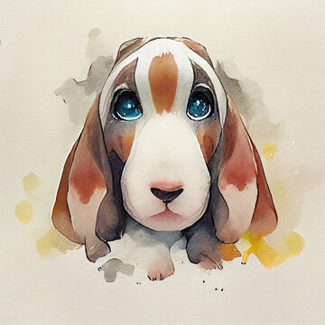 Basset Hound. Adorable puppy dog. Watercolor illustration with color spots. All dog breeds