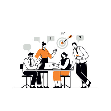 The concept of join teamwork, brainstorming, discussing ideas for project. People meeting at desk in office. Vector illustration for co-working, teamwork, workspace concept