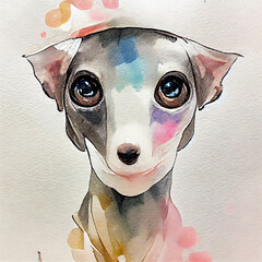 Italian Greyhound. Adorable puppy dog. Watercolor illustration with color spots. All dog breeds