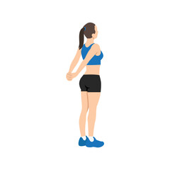 Woman doing reverse shoulder stretch exercise. Flat vector illustration isolated on white background - obrazy, fototapety, plakaty