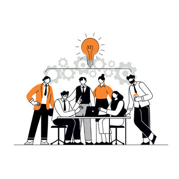 The concept of join teamwork, brainstorming, discussing ideas for project. People meeting at desk in office. Vector illustration for co-working, teamwork, workspace concept