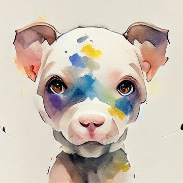 Pitbull Terrier. Adorable puppy dog. Watercolor illustration with color spots. All dog breeds