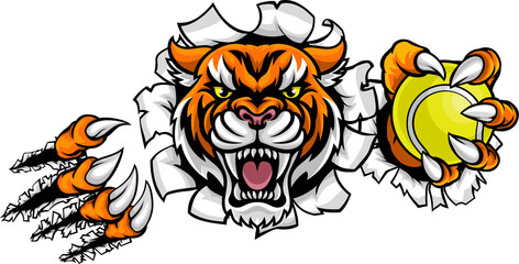 Tiger Holding Tennis Ball Breaking Background