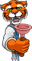 Tiger Plumber Cartoon Mascot Holding Plunger
