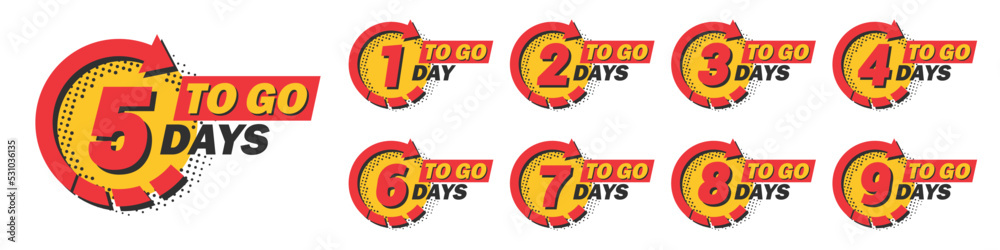 Poster Set of countdown 1 to 9 left days with arrow and halftone in a flat design. Announcement icons for promotion