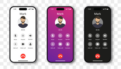 Smartphone with call interface app in screen on a transparent background