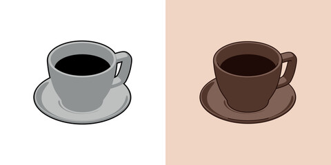Obraz premium A set of color illustrations of a cup and saucer on a background. Vector graphics. Design element for poster, banner, badge, sticker, print, label. Vintage illustration. Coffee advertisement.