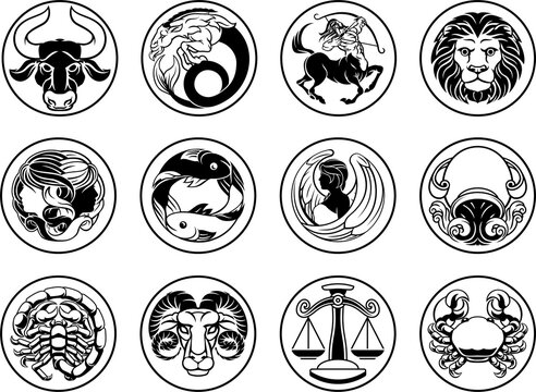 Zodiac astrology horoscope star signs symbols set