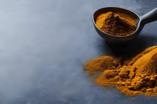 Spoon of turmeric powder by spilled powder on gray background with copyspace