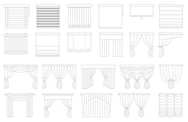 Set of curtains and blinds vector line icons. Includes Icons Such As Blinds, Curtain, Drapery, Drapery, Window And More.