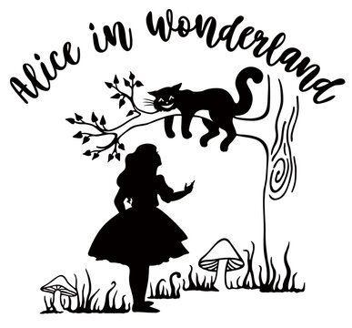 Alice in Wonderland. Cheshire cat on a tree. Black and white ink drawing. Sketch style illustration. Alice s Adventures in Wonderland.