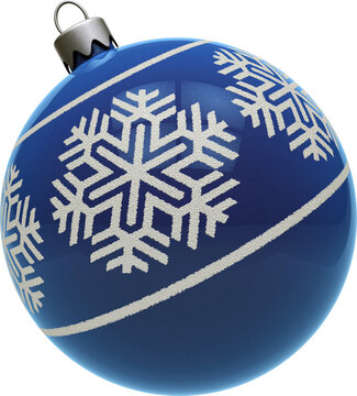 Blue retro Christmas ornament with snowflake design isolated on transparent background. 3D illustration render.
