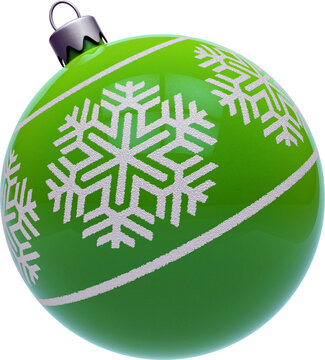 Green retro Christmas ornament with snowflake design isolated on transparent background. 3D illustration render.
