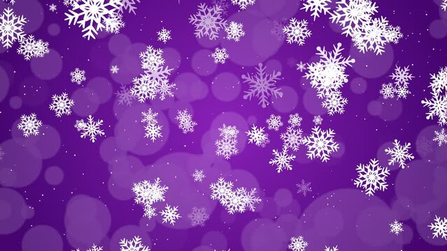 White abstract snowflakes fall slowly from the sky. Purple background for christmas with glitter and bokeh. Loop. 25 fps