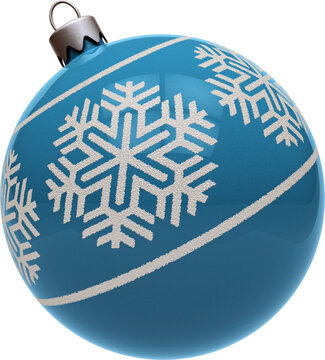 Blue retro Christmas ornament with snowflake design isolated on transparent background. 3D illustration render.
