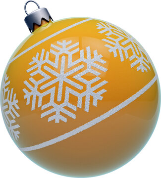 Yellow retro Christmas ornament with snowflake design isolated on transparent background. 3D illustration render.
