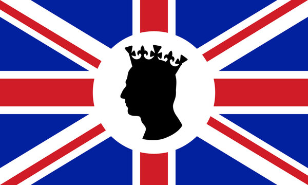 Side profile silhouette of King Charles III wearing a crown against a Union Jack background.