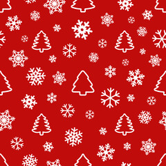 Winter seamless red pattern with white spruce trees and snowflakes as background or wallpaper. Endless repeating holiday texture for printing on package, wrapper, fabric, envelope, card or cloth.