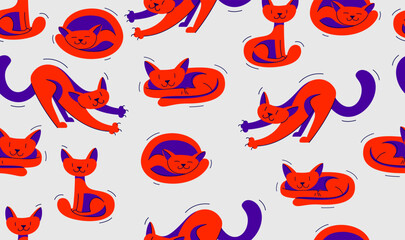 Funny cartoon cats seamless vector textile background pattern, wallpaper or bedclothes for children, childish illustration image.