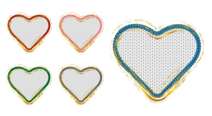 Knit hearts in red, pink, blue and green colors with texture inside. Holiday labels for card template or website banner with sale