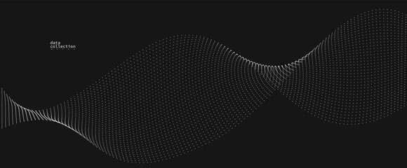 Grey abstract background, vector wave of flowing particles over black, curvy lines of dots in motion, technology and science theme, airy and ease futuristic illustration.